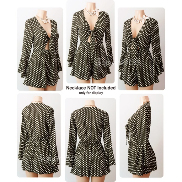 Last☝️Olive Khaki Polka Dot Tie Front Retro Romper - Picture 4 of 8